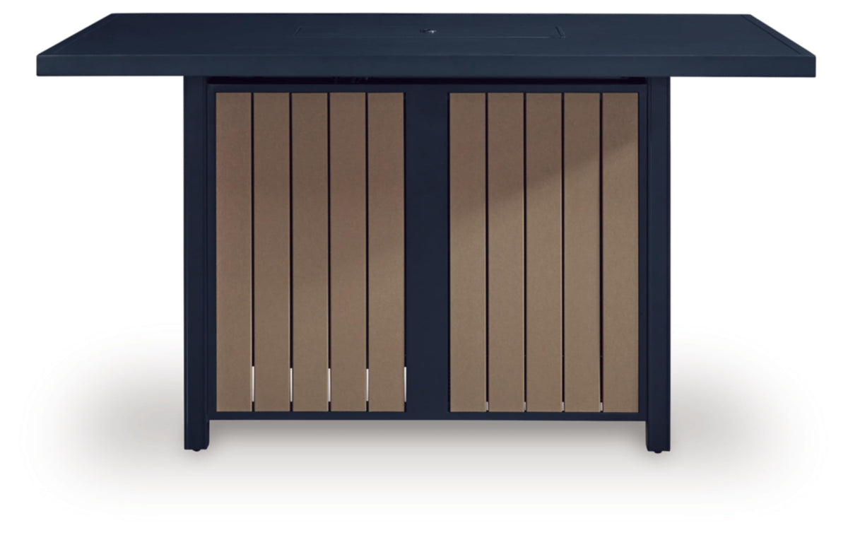 Signature Design by Ashley Mabry Shores Contemporary MEGA-TUFF™ HDPE Weather Resistant Outdoor Bar Table with Fire Pit and Adjustable Flame Control, Blue & Beige