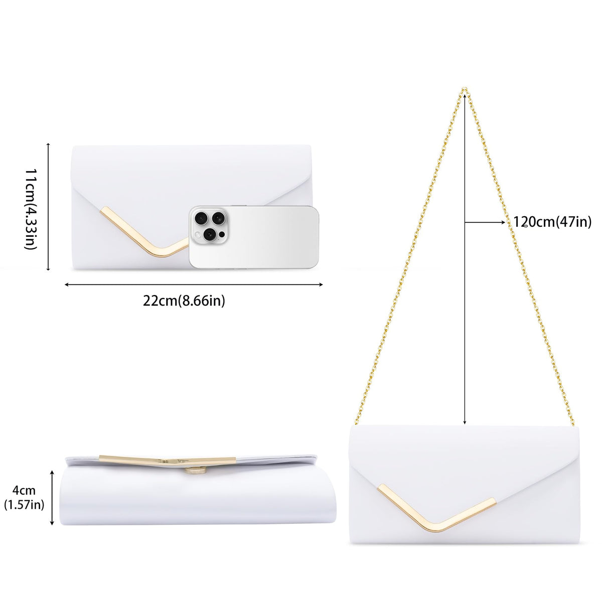 Larcenciel White Clutch Purses for Women, Trendy Leather Evening Bag w/Chain, Fashion Envelope Lady Shoulder Crossbody Handbags, Sparkly Party Prom Purse Bride Wedding Guest Clutch Dress Carry on Bags