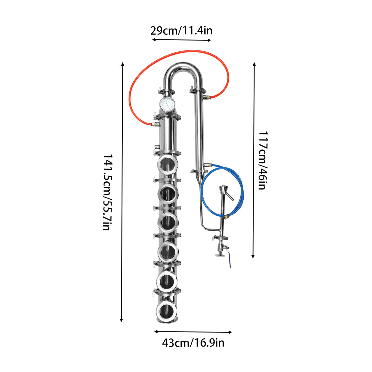 4" Reflux Still Column, 6 Layers Stainless Steel Distillation Column, with U-Shaped Elbow, Condenser and Spout, 0-220℉ Columns, Reflux Distillation Kit for Home Brewing Whiskey