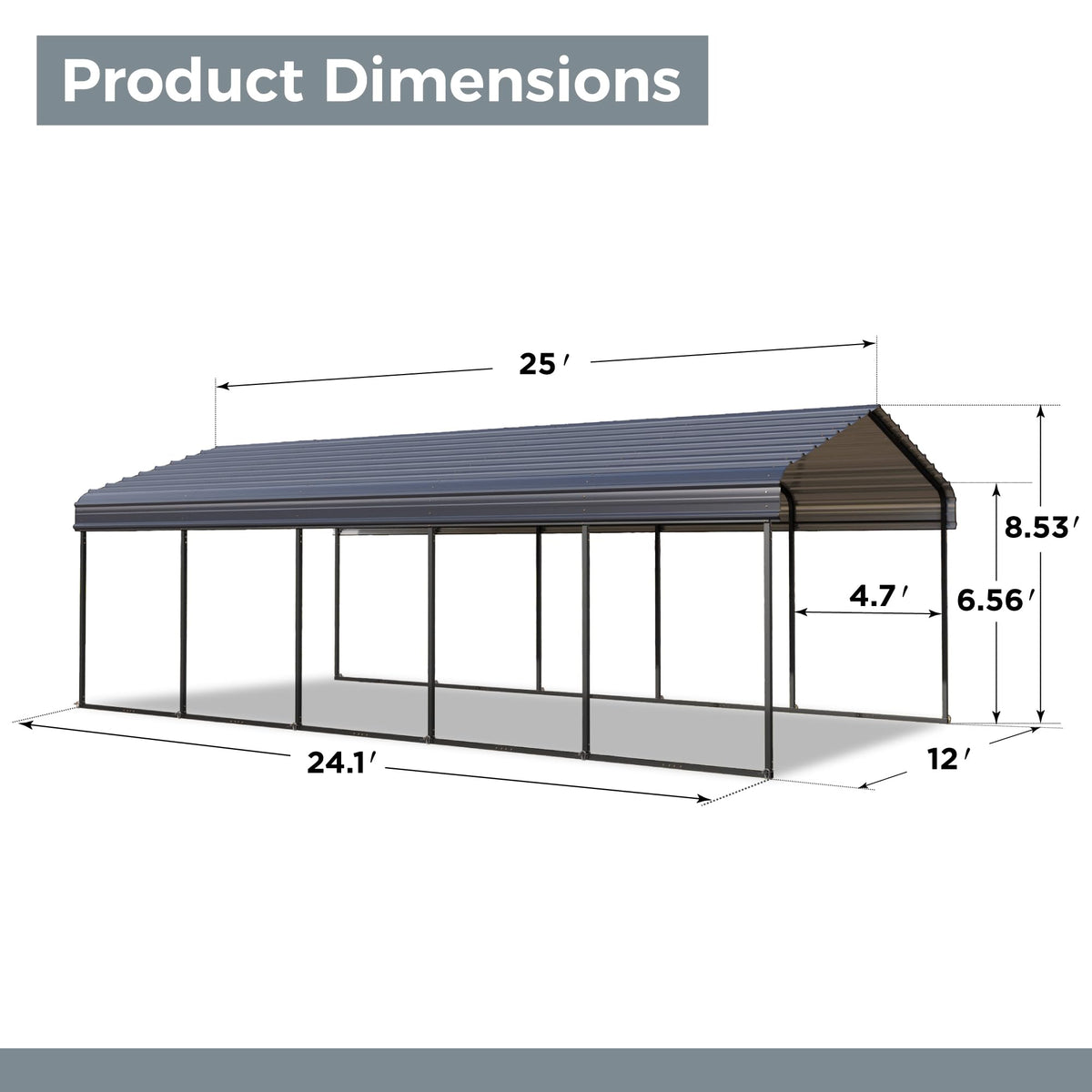 GREEN PARTY 12 x 25 ft Metal Carport Kits with Galvanized Steel Roof, Heavy Duty Metal Carport Canopy, Outdoor Car Tent Metal Garage Shelter for Car, SUV, Truck and Boats, Grey