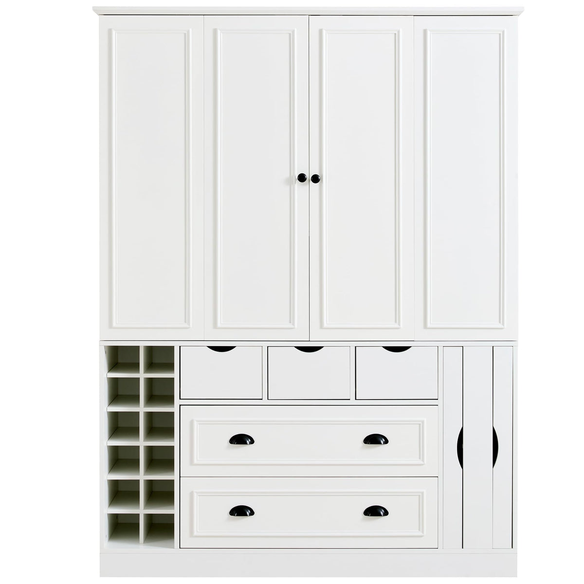 Merax Farmhouse 71" Large Kitchen Pantry Cabinet with Power Outlet, 53.2" Wide Storage Cupboard with 4 Foldable Doors, Adjustable Shelves, Wine Racks & Serving Trays, for Dining Room, White