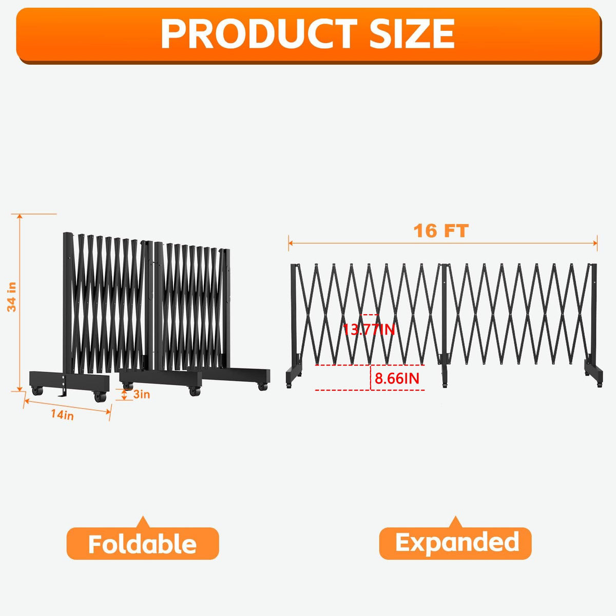16 FT Industrial Metal Expandable Barricade，Retractable Traffic Fence with Casters, Folding Security Gate，Portable Barricade Gate for Construction Area, Traffic Control, Cordon(Black