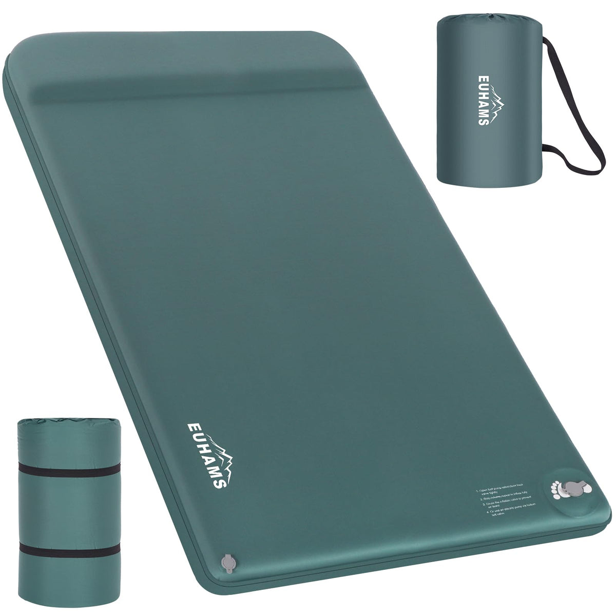 EUHAMS Camping Sleeping Pad – Ultra-Thick Self-Inflating Memory Foam Mattress with Pillow, Double Camping Pad with Foot Pump, Portable 4-Season Sleeping Mat for Car, Tent & Travel, Full Size