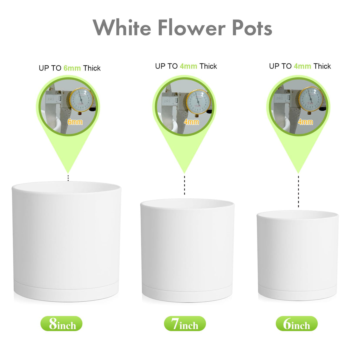 Meowell 8/7/6 inch Plant Pots, Set of 3 Cylinder Flower Pots for Outdoor Indoor Plants, Decorative Plastic Planters with Drainage Holes and Saucers for Garden House Plants, White