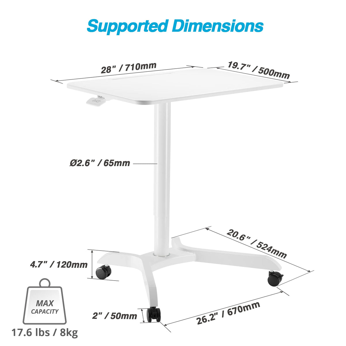 AVLT 48" Ambidextrous Standing Desk, Mobile Adjustable Height Rolling Laptop Desk, Folding Computer Projector Cart with Brake Casters, Portable White Desk for Home Office