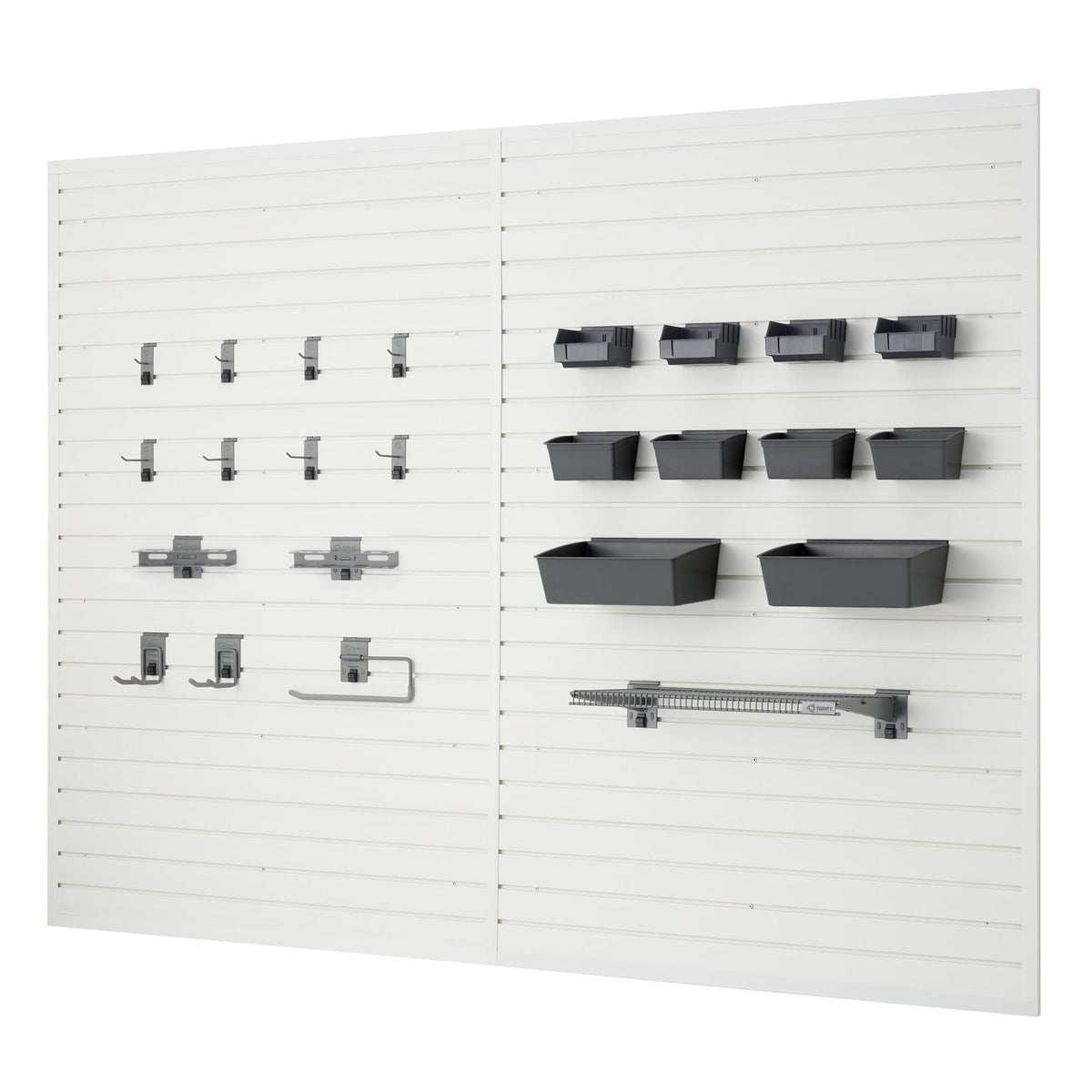 TRINITY 48 Sq Ft Modular Slatwall Panels Kit, Garage Organization and Storage System, Includes 24 Garage Organizer Accessories, 3600 lb Total Capacity, White PVC, Stud Mount Hardware Included