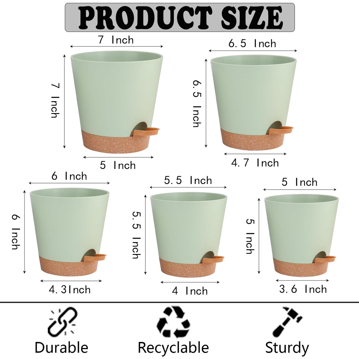 SE SUN-E Self Watering Planters for Outdoor Plants 7/6.5/6/5.5/5Inch 5Pack Flower Pot for House Plants Green Indoor Plastic Pots Plant Pots Succulent Pots with Drainage Hole and Deep Reservoir