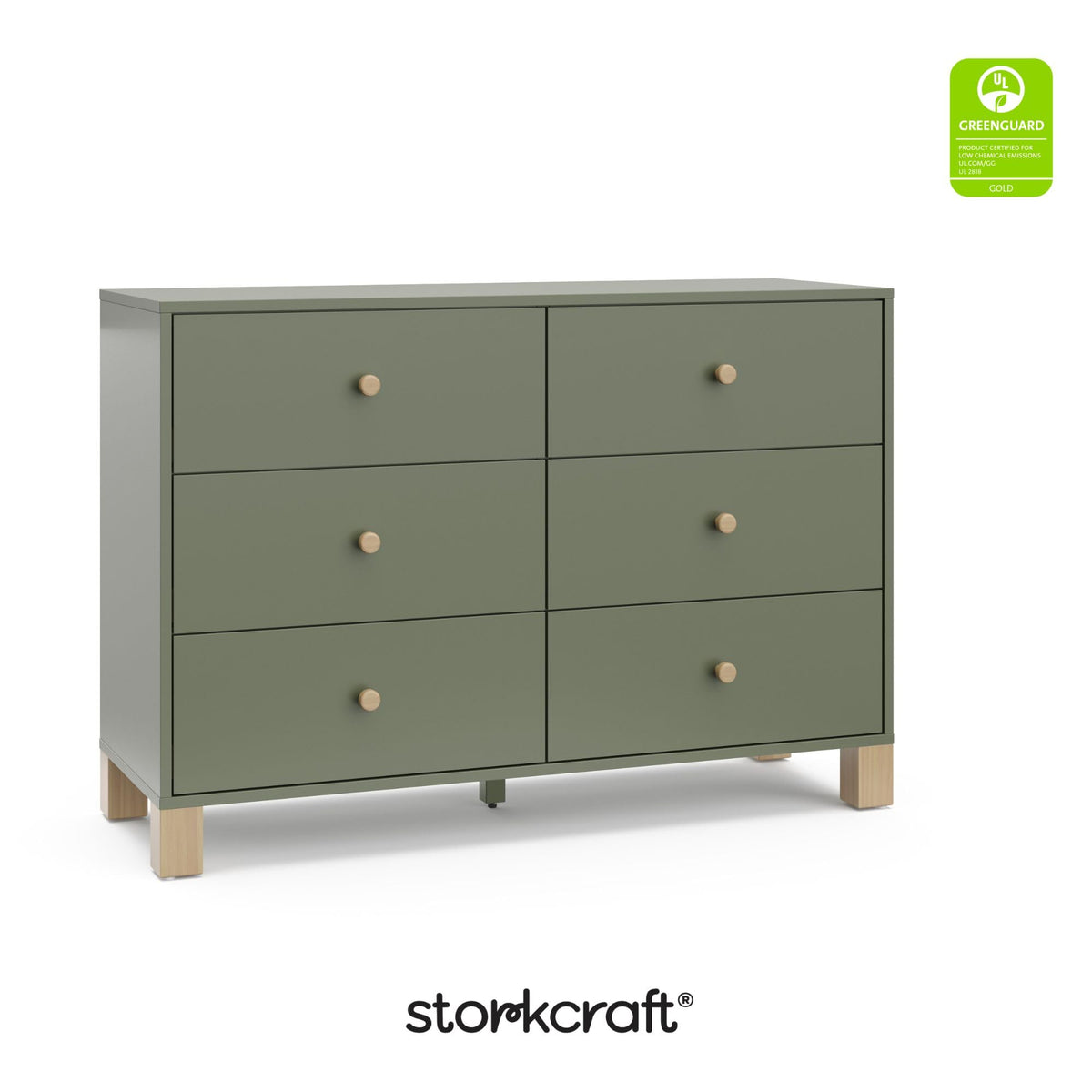 Storkcraft California 6-Drawer Double Dresser (Olive with Driftwood) - GREENGUARD Gold Certified, Interlocking Drawer System, Dresser Drawer Organizer for Kids Bedroom