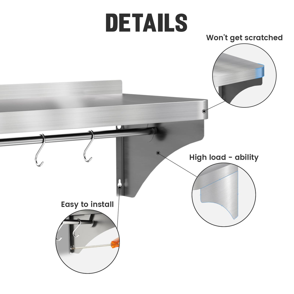 Commercial Stainless Steel Shelf 36" x 12" - 250lb Load Capacity, Heavy Duty Stainless Steel Wall Mounted Kitchen Shelf with Backsplash & 6 Hooks for Restaurant, Laundry