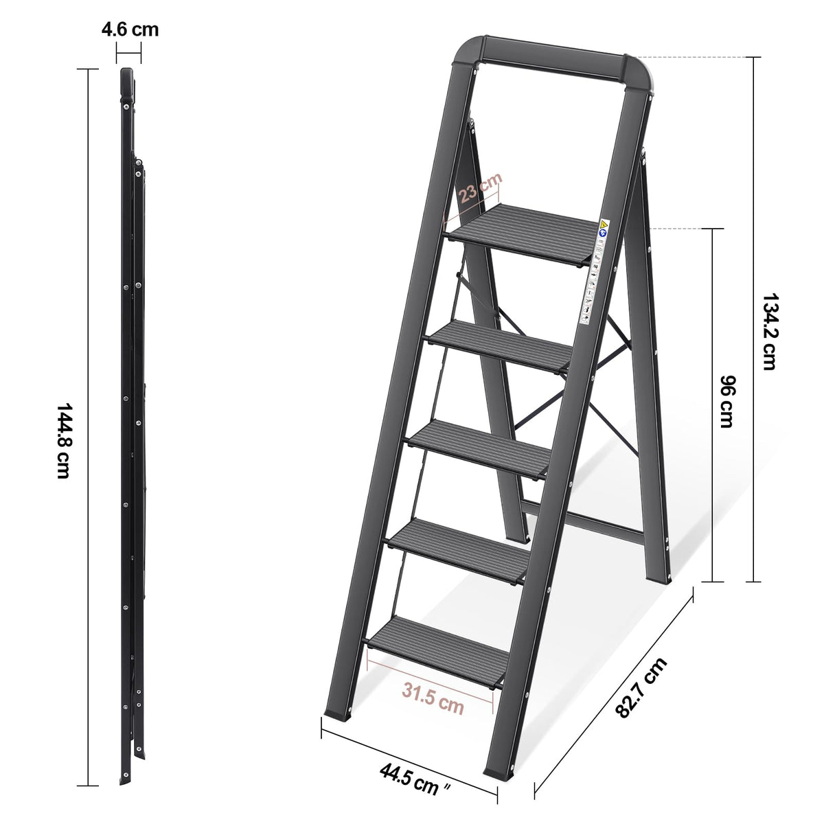 KINGRACK Aluminium 5 Step Ladder, Lightweight Step Stool with Non-Slip Pedals, Handrail, Folding Step Ladder for Kitchen, Garage, Home, Space Saving, Sturdy and Portable, Black