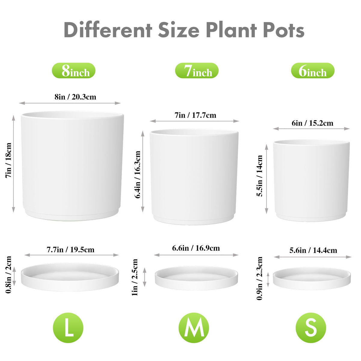 Meowell 8/7/6 inch Plant Pots, Set of 3 Cylinder Flower Pots for Outdoor Indoor Plants, Decorative Plastic Planters with Drainage Holes and Saucers for Garden House Plants, White