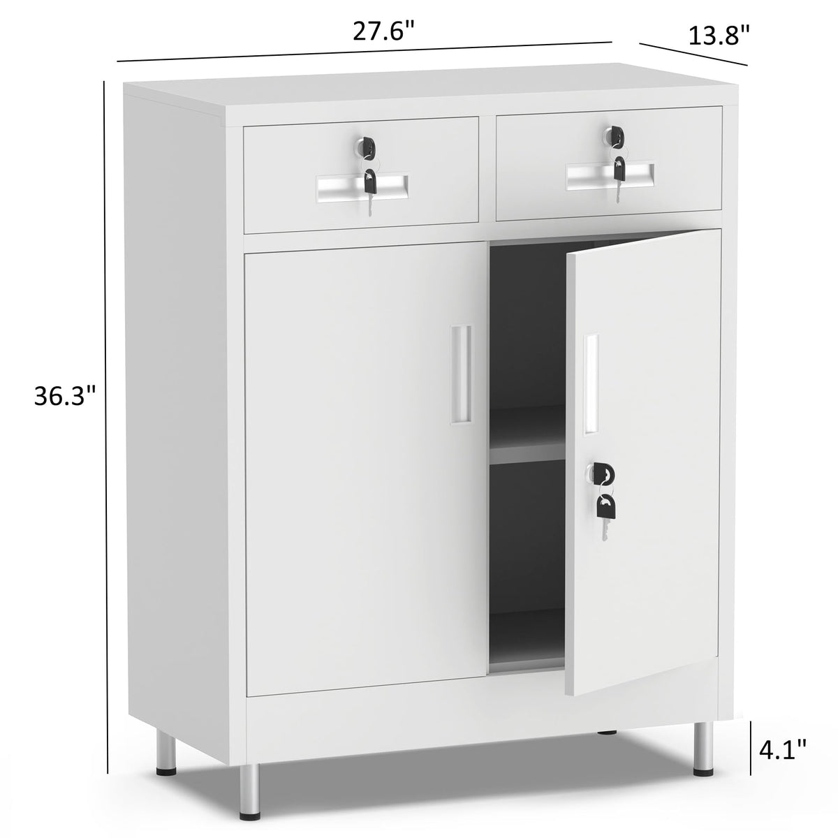 JINGUR Metal Storage Cabinet with Locking Doors and 2 Drawers, Lockable Storage Cabinet with Adjustable Shelf for Home Office Garage Entryway Pantry (White)