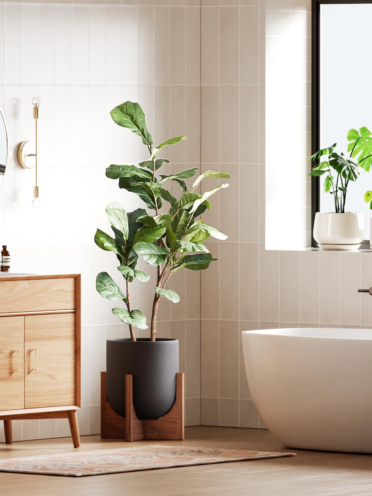 LE TAUCI 12 Inch Planter with Acacia Wood Stand, Ceramic Large Plant Pot for Indoor Plants, Cylinder Pots with Drainage Hole and Plug, Charcoal Gray