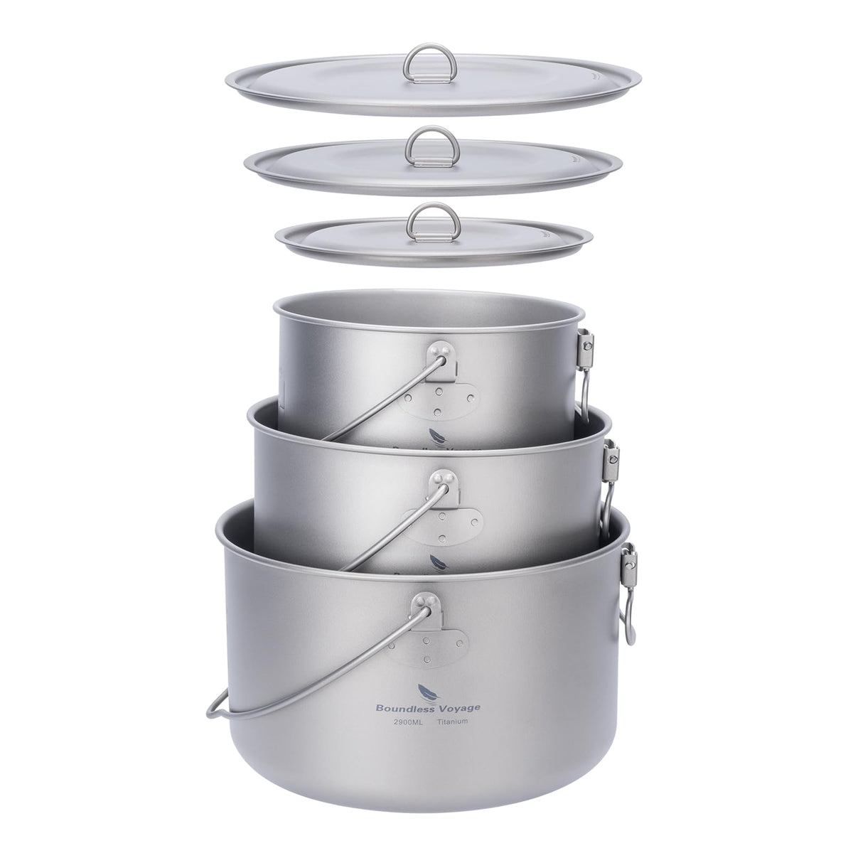 iBasingo 3-Piece Titanium Pot Set (1.3L+1.95L+2.9L) with Lids Ultralight Camping Cookware for Backpacking, Hiking & Outdoor Cooking, Nesting Backpacker Pots with Measurement Marks Ti2056C