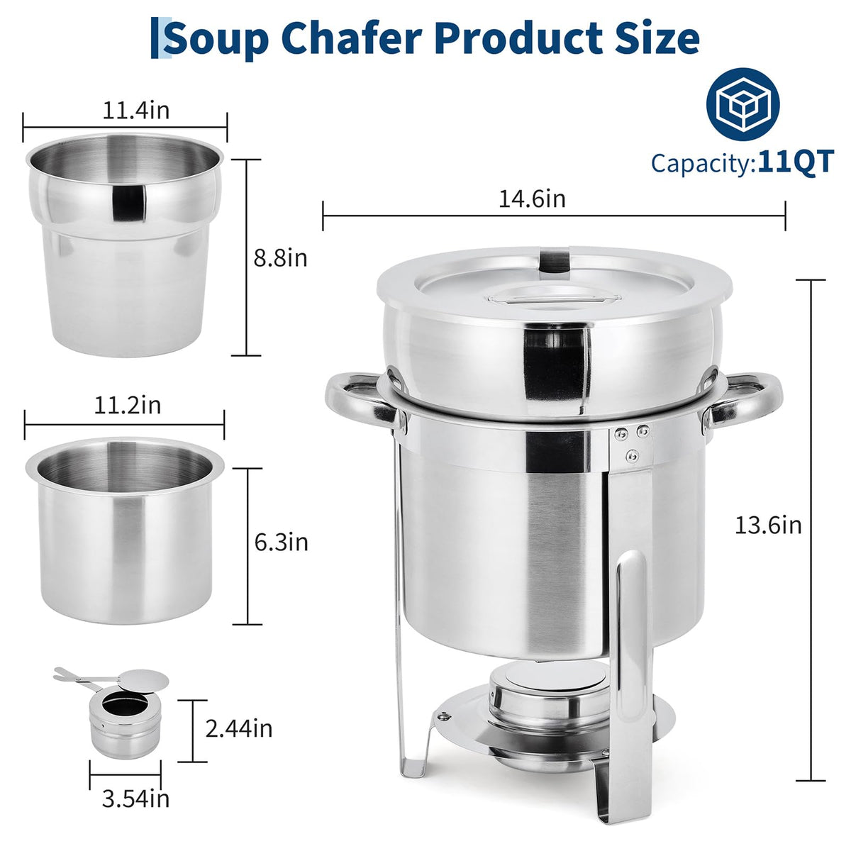 Commercial 11QT Soup Chafer Set, 4 Pack Stainless Steel Round Food Warmers Set with Pot, Notched Lids & Fuel Containers, Soup Warmers Ideal for Buffet Service & Event Catering