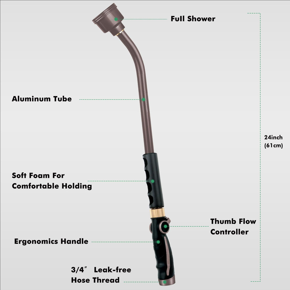 RESTMO Long Watering Wand, 24 Inches Gentle Soft Full Shower Sprayer Wand with Thumb Flow Control, Heavy Duty Metal Hose Wand for Hanging Baskets, Shrubs, Plants, Flowers, Garden and Lawn, Bronze