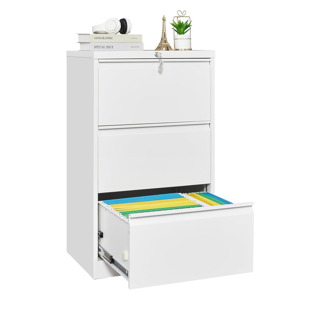 MilleLoom 3 Drawer Lateral File Cabinet Metal Lateral Filling Cabinet with Lock, Lockable File Cabinets for Home Office with Letter/Legal/F4/A4 Size Storage White