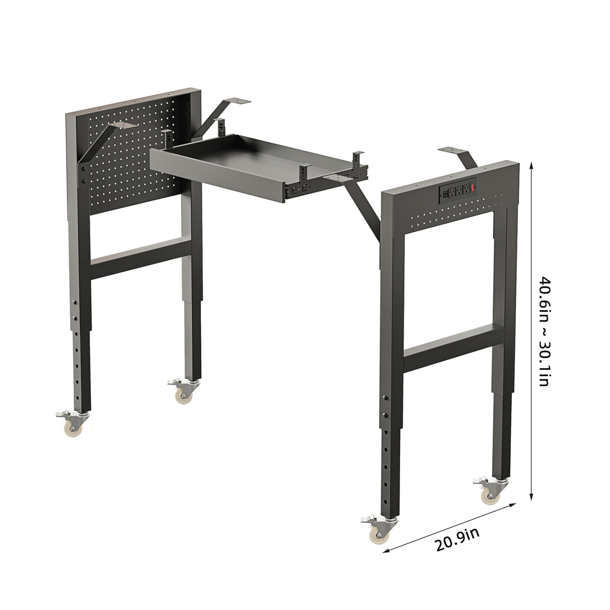 Heavy Duty Workbench Legs, 2000 LBS Load Metal Standing Desk Legs Height Adjustable 27.5“ to 40.5”, Features Lockable Wheels, Power Outlets, Pegboard and Drawers for Workshop, Office, Garage, Home