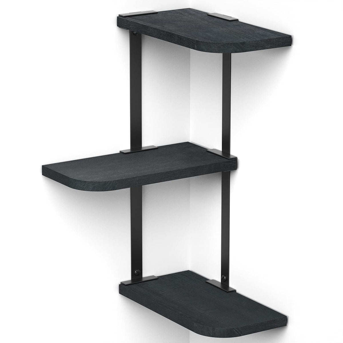 Love-KANKEI Corner Shelf Wall Mount of 3 Tier Rustic Wood Floating Shelves for Bedroom Living Room Bathroom Kitchen Office and More Black