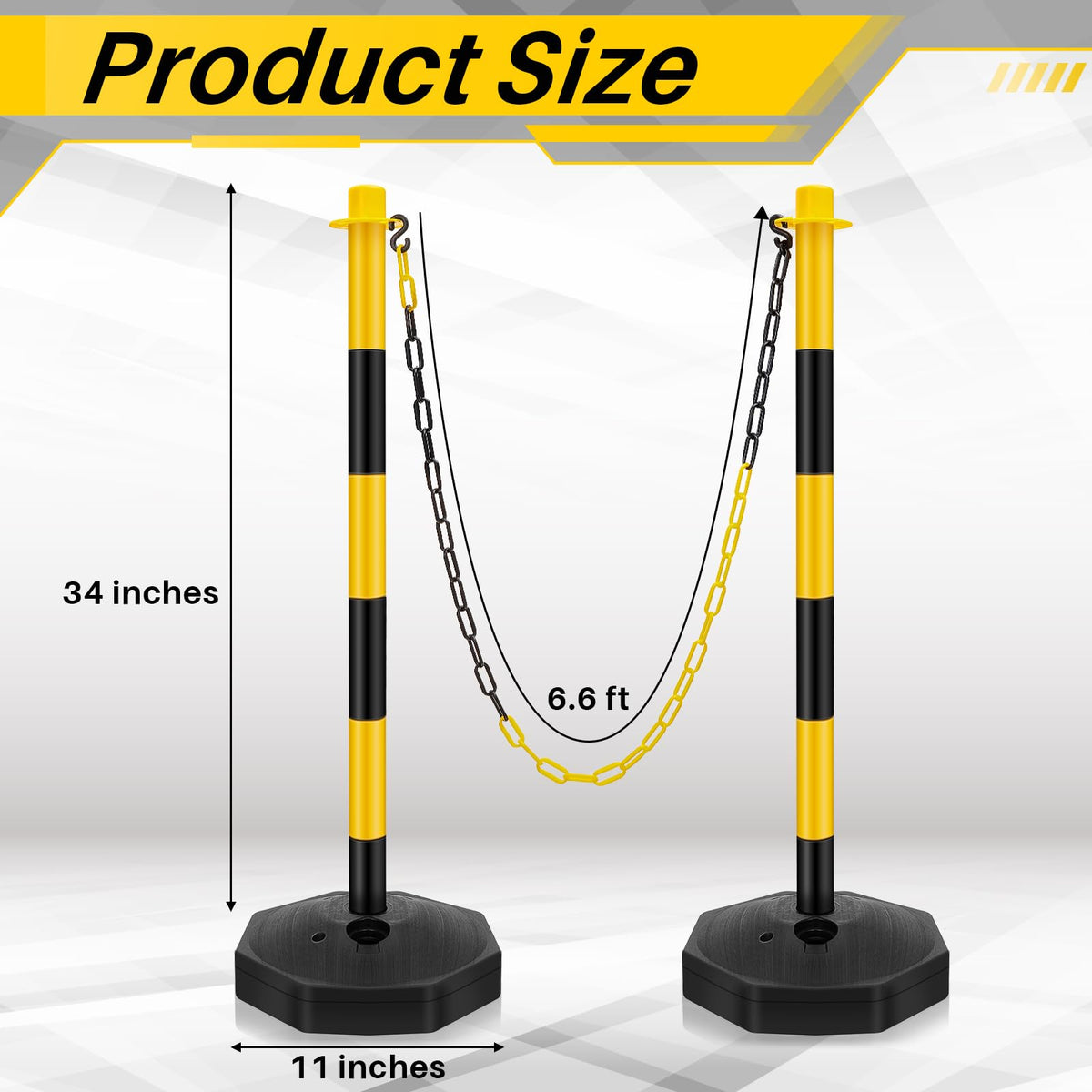 Konohan 18 Sets 34 Inch Parking Cone Delineators Post Traffic Cone Plastic Stanchion Set Stands Parking Barrier with Base 6.6 ft Chain S Hooks Reflective Collar (Yellow,Black)