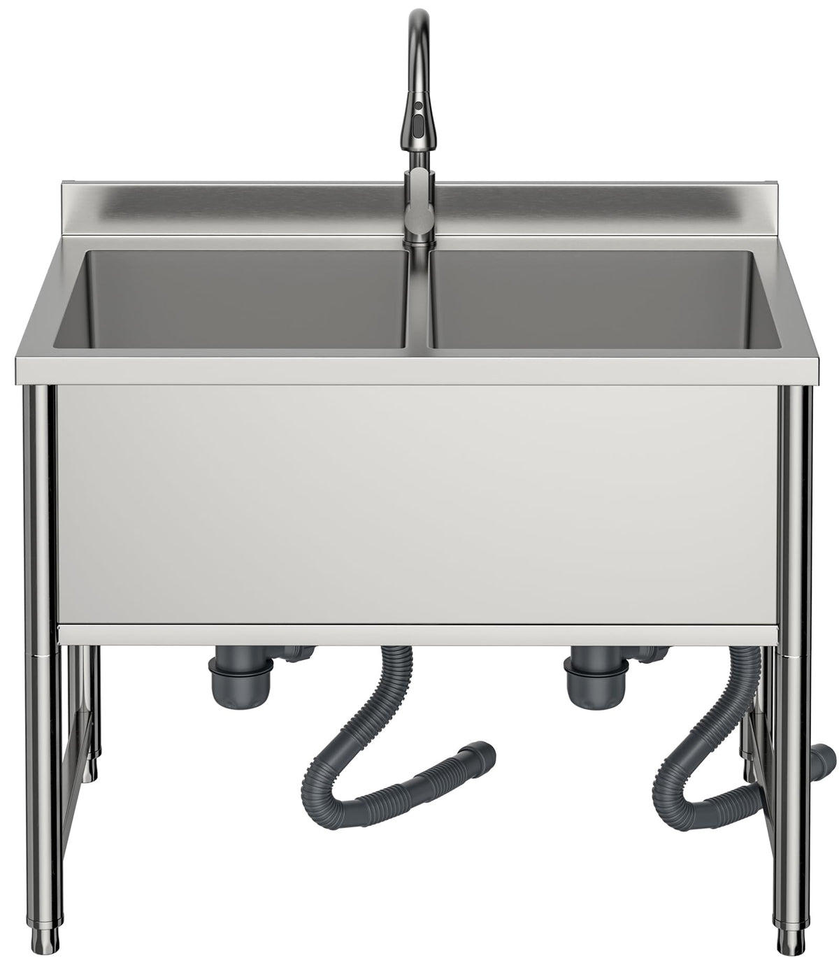 35" Stainless Steel Commercial Sink 2 Bowl Freestanding Kitchen Sink with Pull-out Faucet, Large Utility Sink for Kitchen, Dishwashing, Thawing, Laundry Room, Garage, Outdoor, Total Capacity 36 Gallon