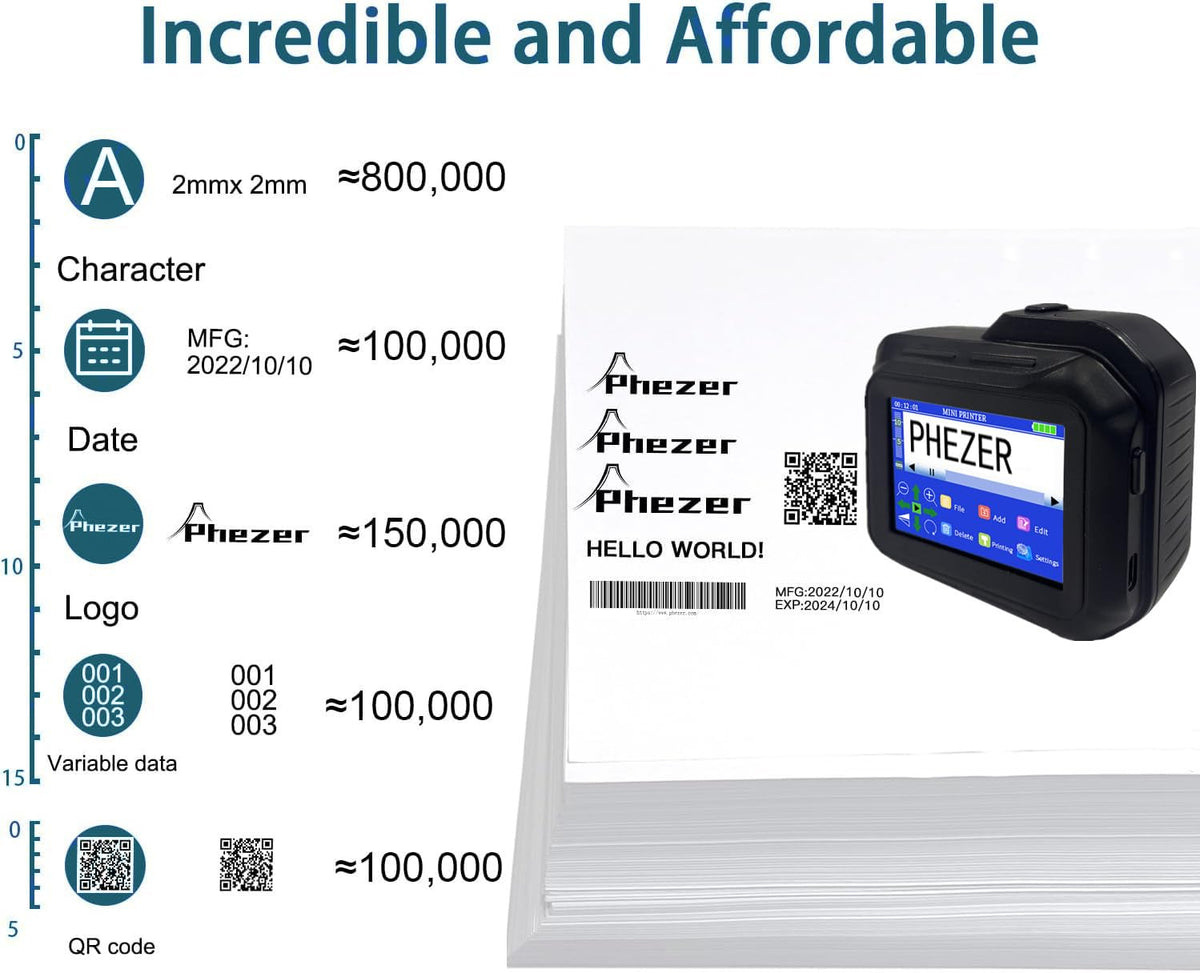 Phezer A Set PC98 Mini Inkjet Printer for Any Surface, with 2 Pcs Original Solvent Ink Cartridge (Black)