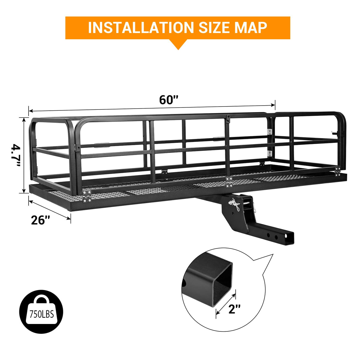 Garvee Foldable Hitch Mount Cargo Carrier, 750 Lbs Heavy Duty Steel Hitch Racks for 2'' Receiver, Folding Luggage Racks for Trailers, RVs, SUVs, Rust-Resistant & Easy to Assemble