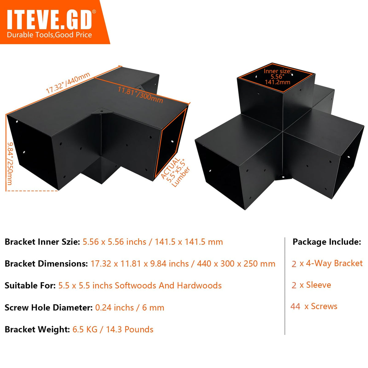 ITEVE.GD 2Pack Pergola DIY Bracket Kits 6x6,4-Way Right Angle Corner Post Brackets for 6"x6"(Actual:5.5"x5.5") Wood Beams,Heavy Duty Metal Brackets for Outdoor Pavilion,Proch,Log Cabin