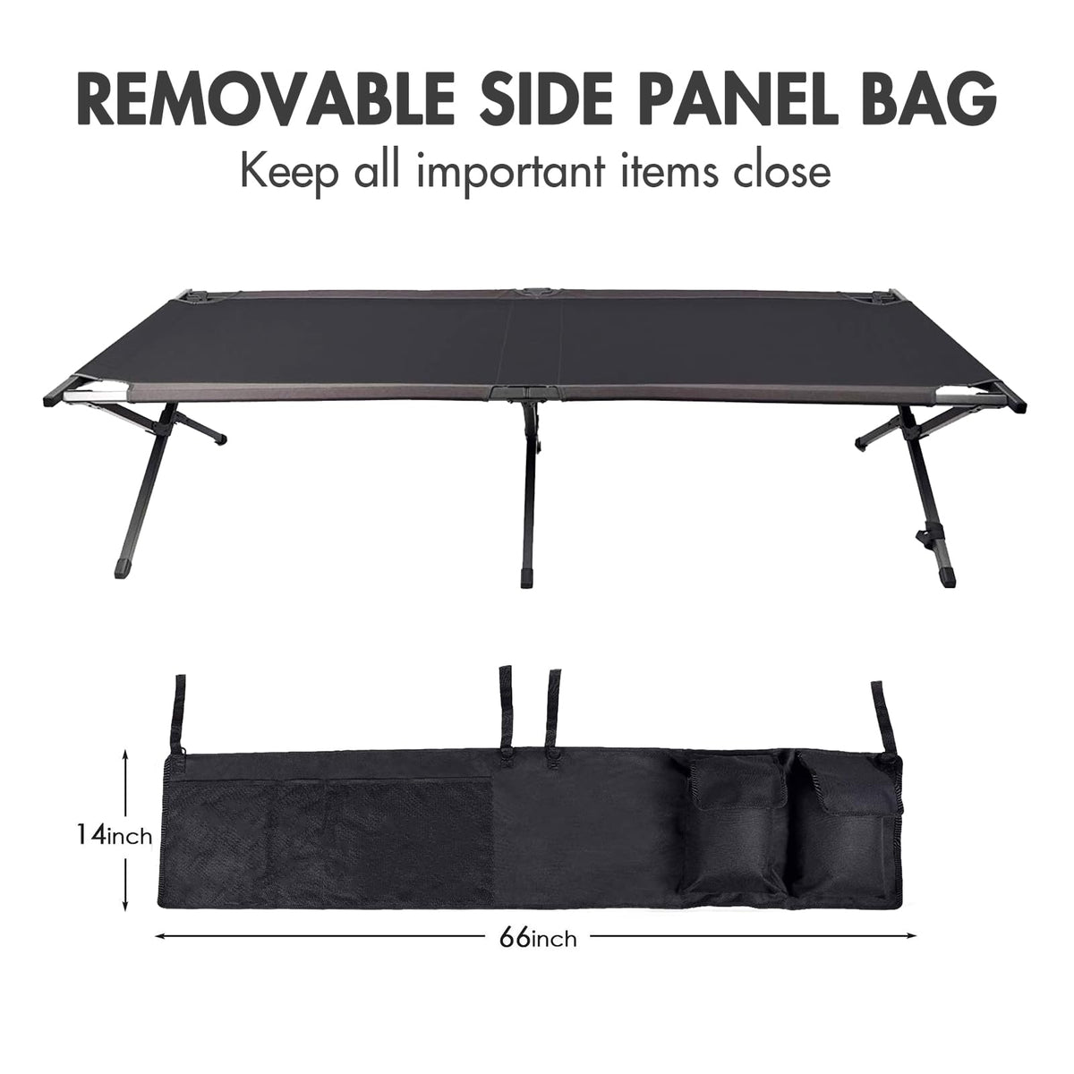 Portal Folding Portable Camping Cot, Guest Bed with Carry Bag and Side Storage Organizer, Camping Cots for Adults Sleeping, Away Tent Sleeping Cot Bed, Supports 300 LBS, Black