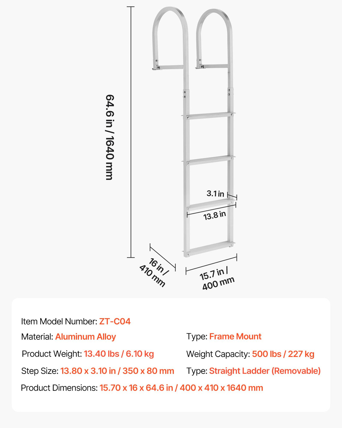 VEVOR Removable Dock Ladder, 4 Steps, Aluminum Alloy Pontoon Boat Swim Ladder, with Non-Slip Wide Steps, 500 lbs Weight Capacity, Quick Release Design, for Lake Swimming, Pool, Boat, Marine Boarding