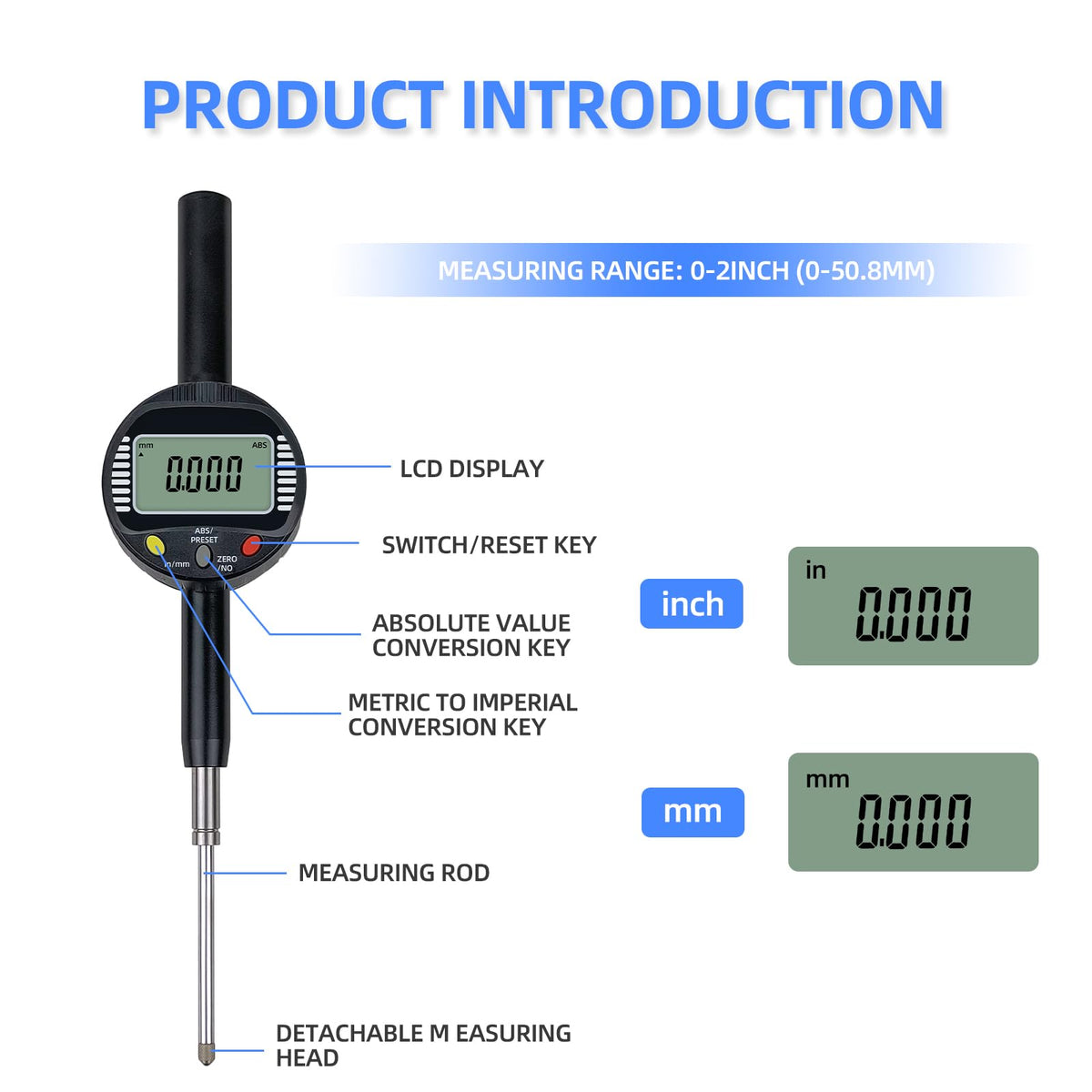 Digital Dial Gauge,with A Range of 50.8mm/2 in,Dlectrical Digital Indicator Graduation of 0.001mm,Metric and Imperial Measure Tool.Electronic Dial Gauge for Bearing Measurement and CNC Machine