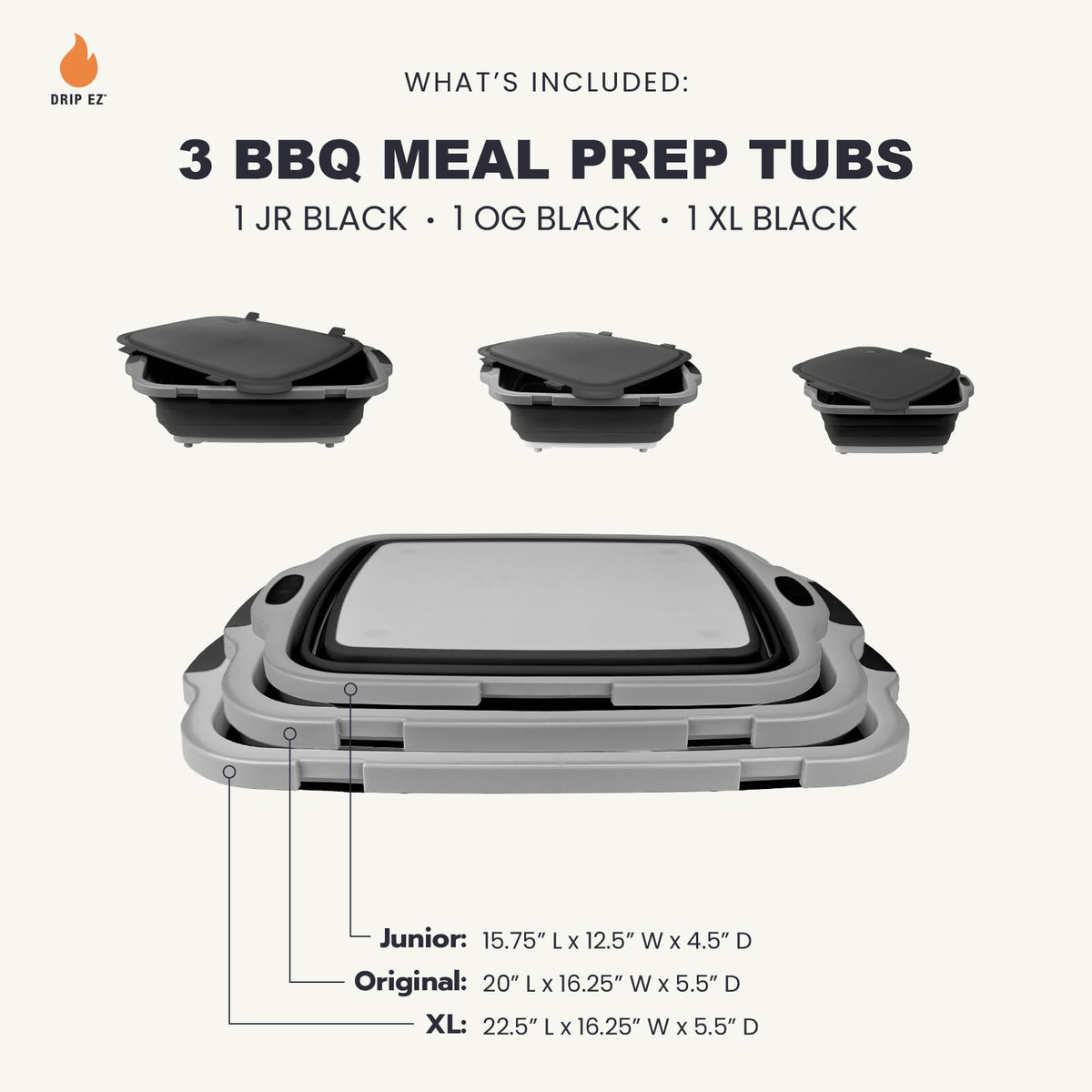 Drip EZ Collapsible BBQ Prep Tubs 3-Piece Set- For Meal Prep Marinating Food Storage - Includes Cutting Board & Lid - (1) JR + (1) OG + (1) XL - Black