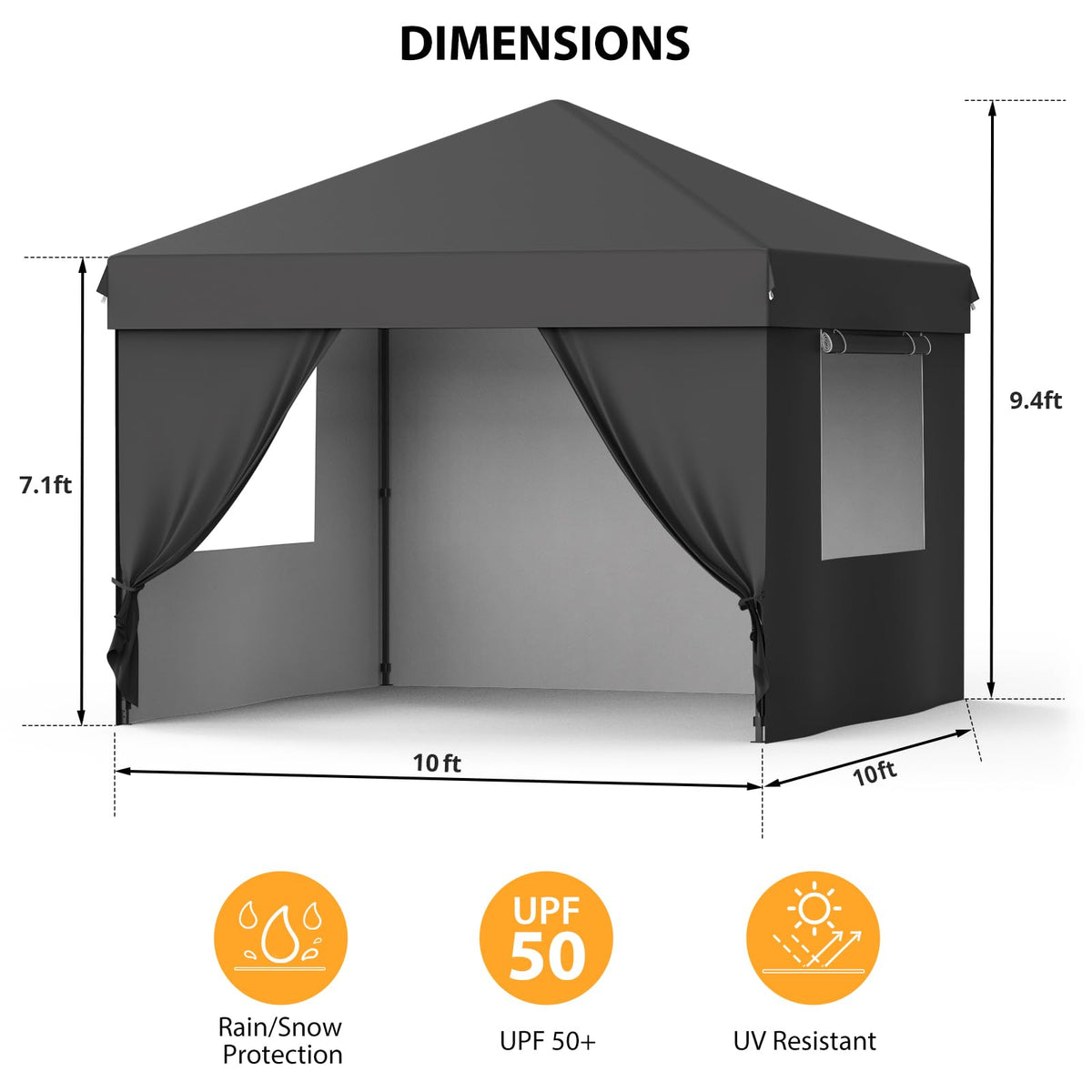 GarveeTech 10x10 Pop Up Canopy with 4 Removable Sidewalls and Windows, 3 Adjustable Heights Commercial Shelter, Portable Enclosed Instant Tent with Wheeled Carry Bag, Waterproof Outdoor Gazebo, Black