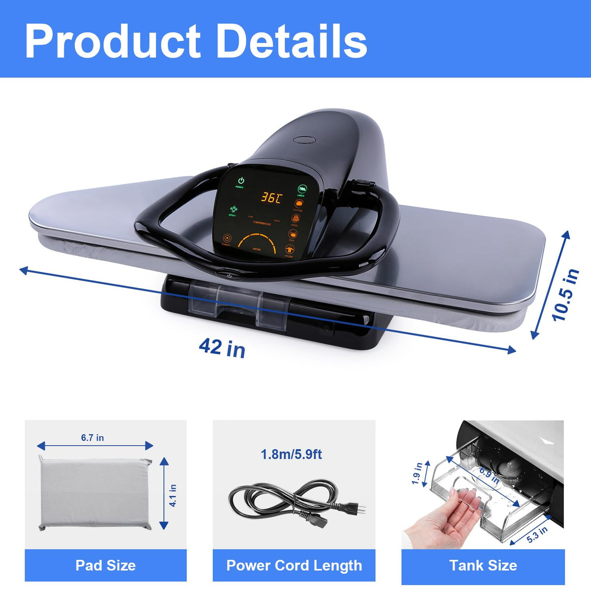 42" Large Steam Iron Press with LED Touch Screen, 1800W Steam Press with 5 Fabric Settings Language Conversion and Voice Prompts, Iron Press with Spray Bottle and Press Pad for Home Business
