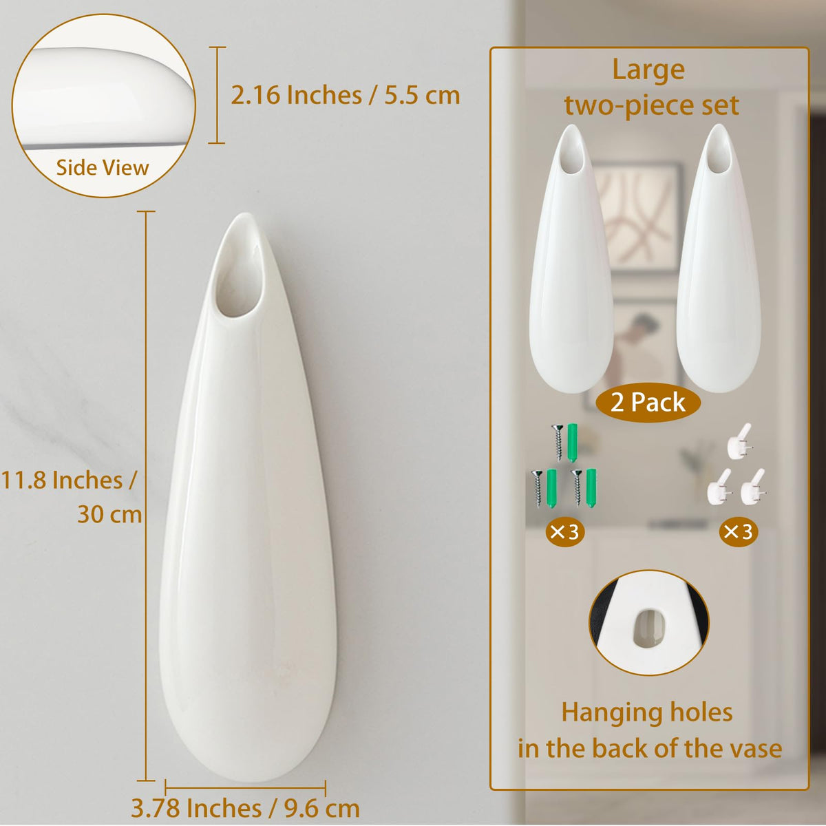 GDSZJLJ Hanging Ceramic Wall Vases, 11.8 Inch,Set of 2, Cubicle Modern Decor Wall Plant Holder Vase for Indoor Plants,Propagation Hanging Flower Pots for Air Vases,White