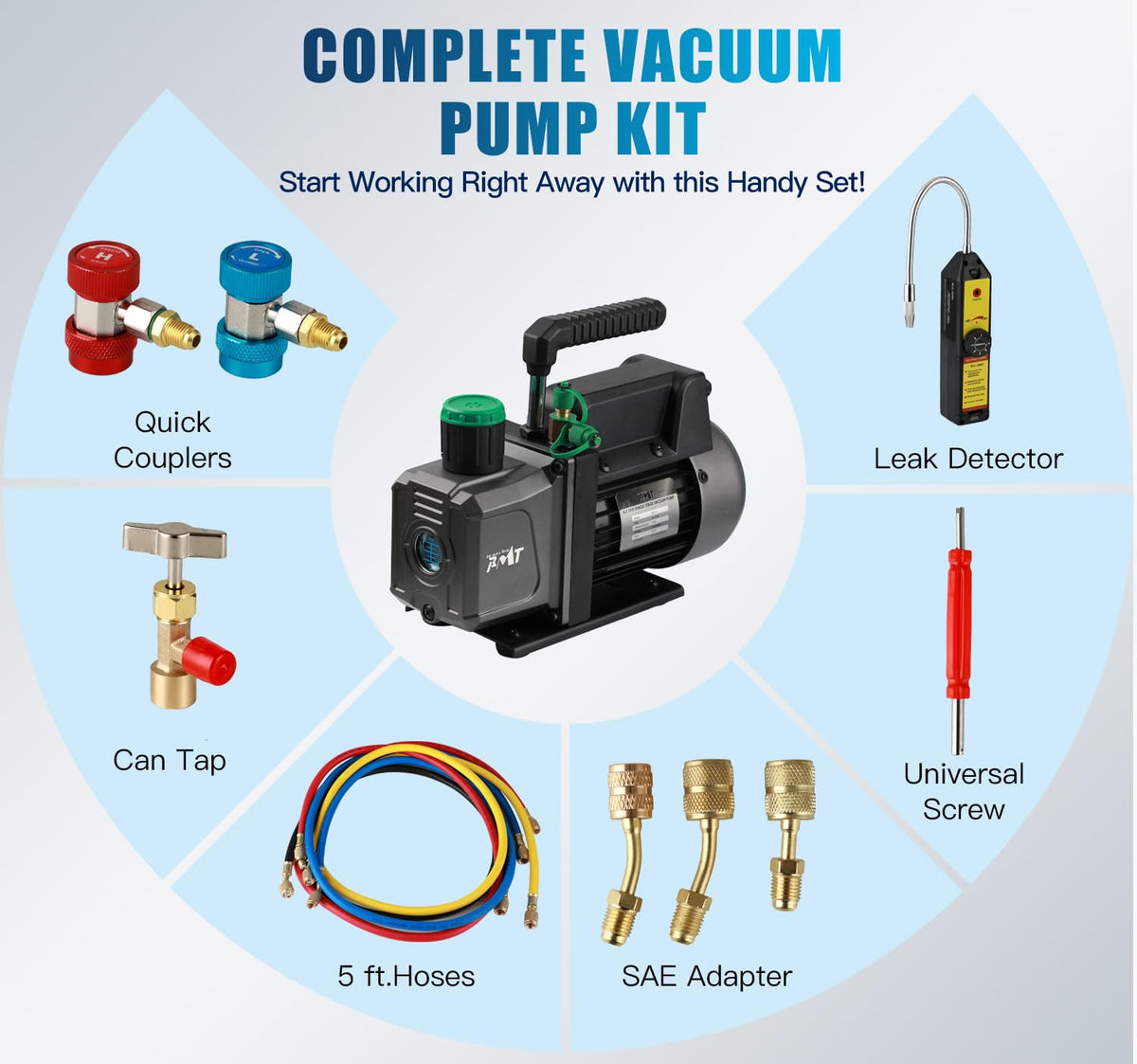 PB Motor TECH 4.5CFM 1/3HP Vacuum Pump with 4-Way AC Manifold Gauge Set for R134a R22 R410a - Includes Leak Detector, Puncture Can Tap, and More