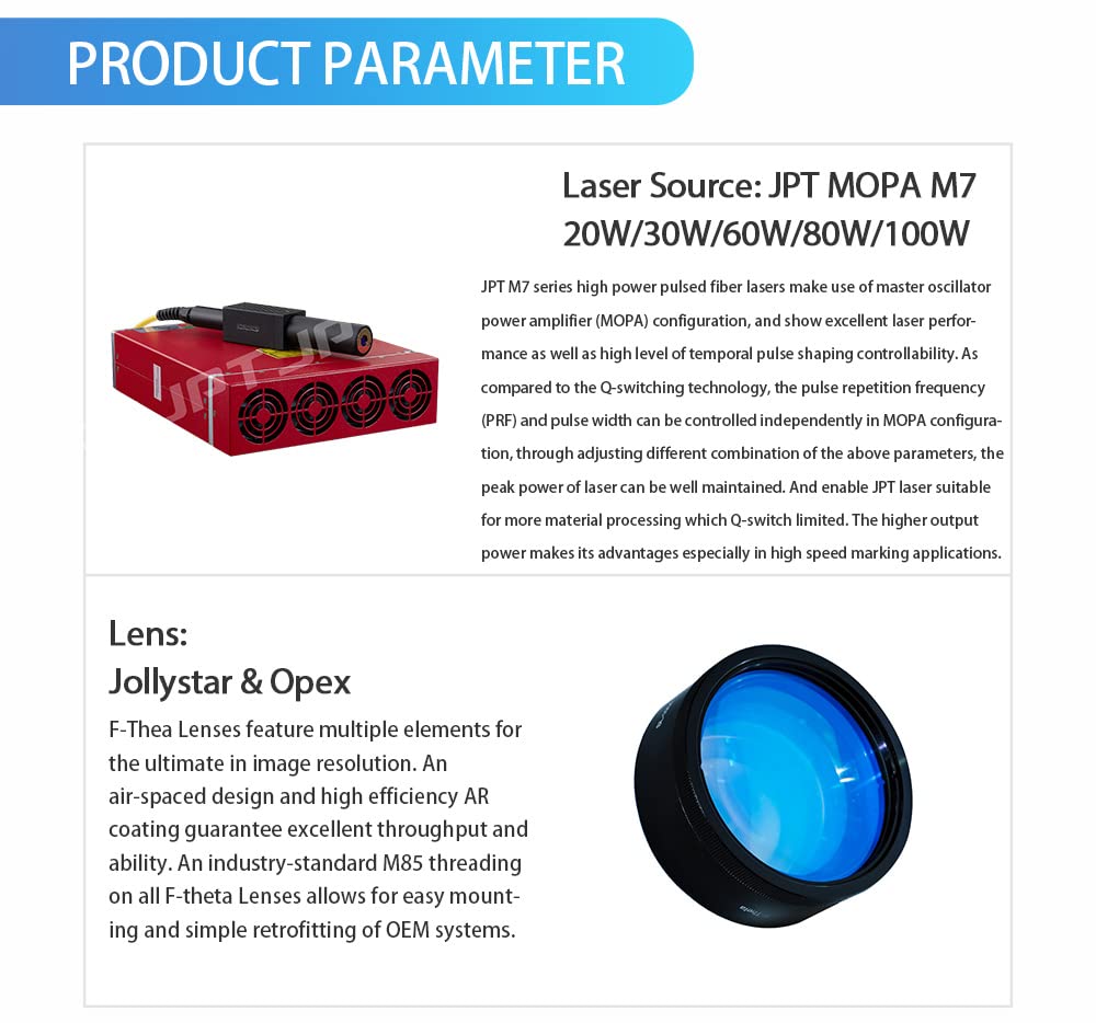 100W JPT M7 MOPA Fiber Laser Marking Machine Fiber Laser Engraver 300×300mm with 80mm Rotary Axis and Heightened 800mm Tower Lightburn Compatible Class 1 Laser Output Power 0.39mW