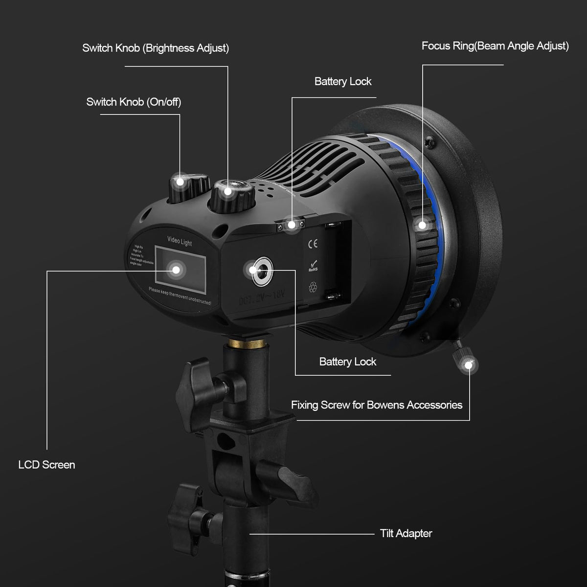Wellmaking 80W Portable LED Light Continuous Light COB Spotlight Video Light CRI 97+ Dimmable Lightweight Noiseless Fresnel Lens AC/DC Power Supply Bowens Mount Portable Light for Photography