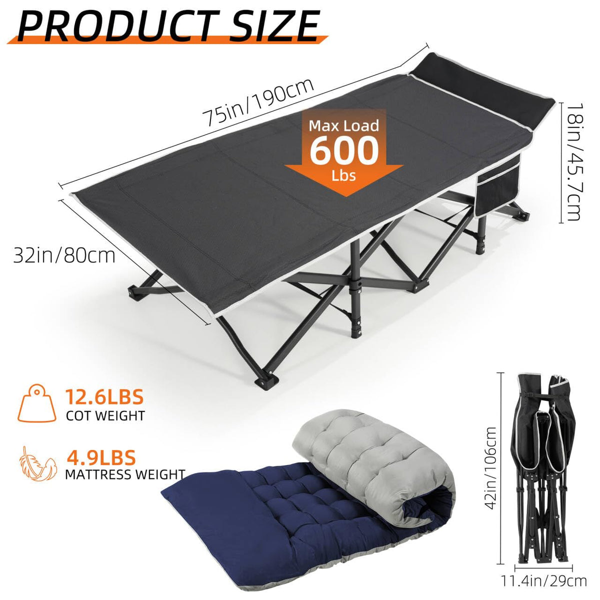 Fragess Portable Camping Cot, 32" Extra Wide Camping Cots for Everyone with Thick Cushion, Heavy Duty Sleeping Cot Holds Up to 600LBS, Cots for Sleeping, Rv, Beach, Patio, Office Naps(Blue)