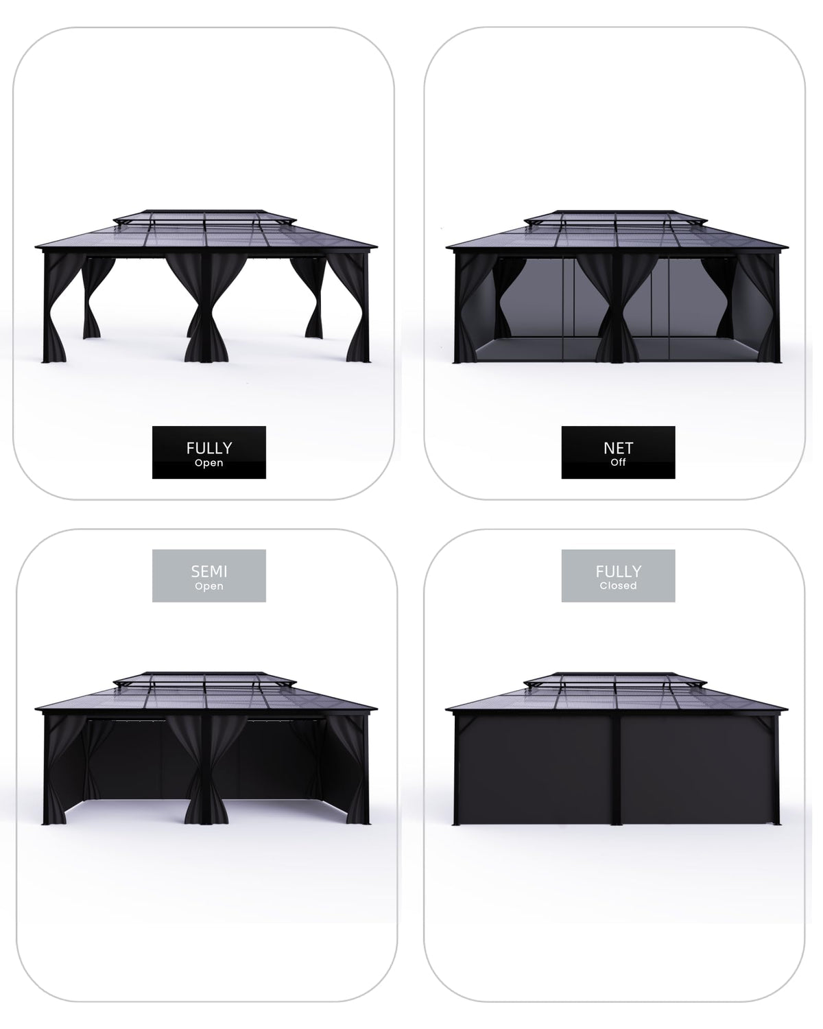 PeakPursuit All-Weather Hardtop Gazebo 12'x20' – Double Polycarbonate Roof, Durable Aluminum Alloy Frame, Netting & Curtains, Permanent Outdoor Pavilion for Patio, Deck, Backyard, Lawn, Garden, Gray