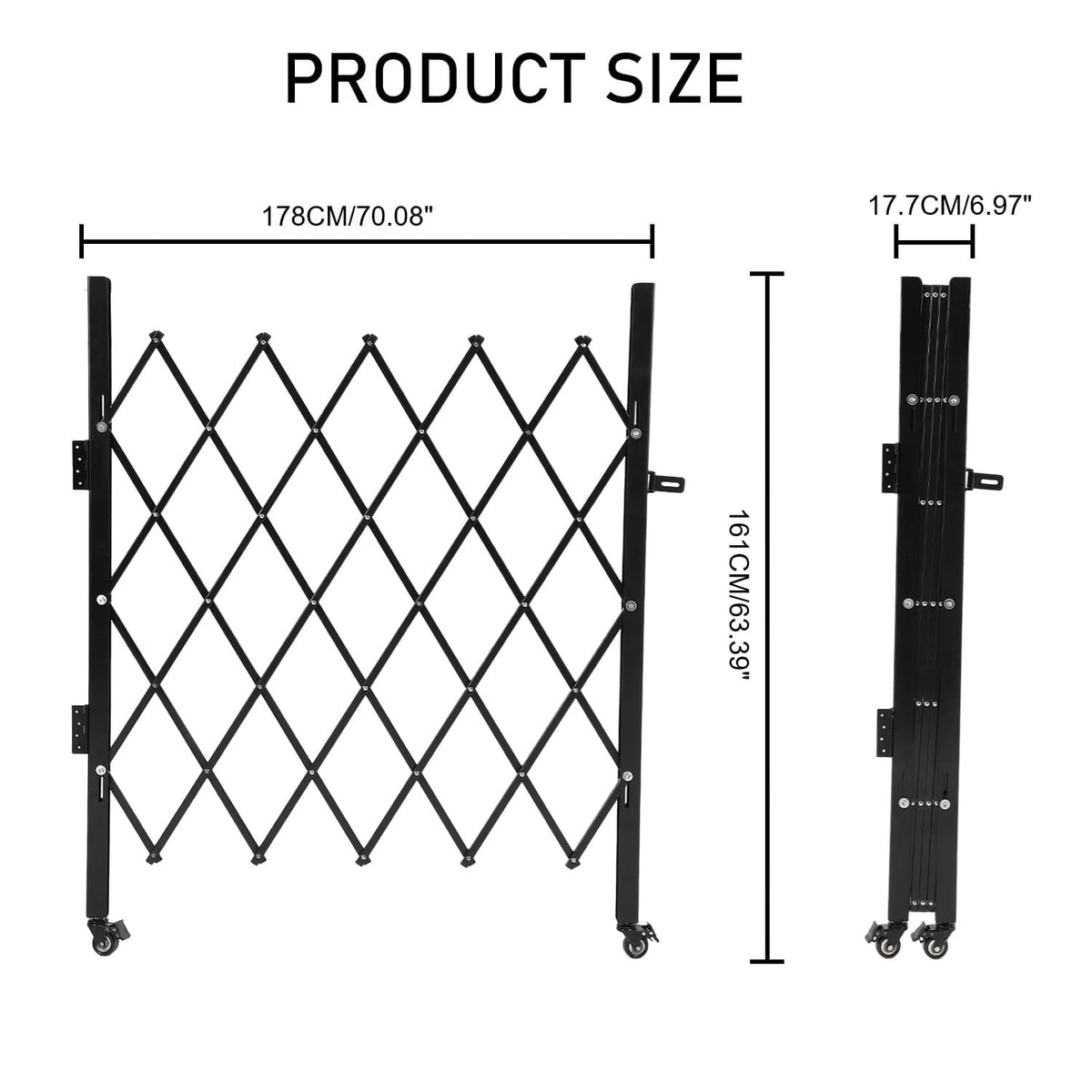 Single Expandable Gate, 64"H x 70"W Folding Security Door Gate, 360° Rolling Barricade Gate, Heavy-Duty Steel Outdoor Retractable Lockable Scissor Gates for Courtyards, Garages, Gardens, Pool