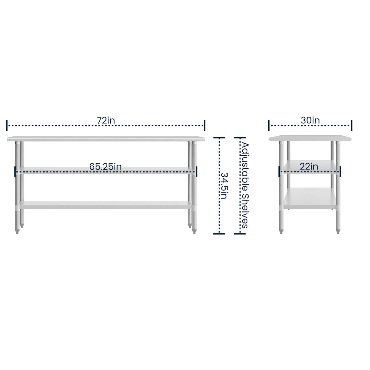 Flash Furniture Stainless Steel 18 Gauge Work Table with 2 Undershelves - 72" W x 30" D x 34.5" H, NSF