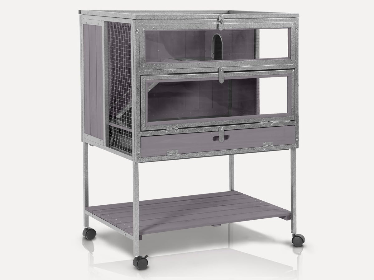 MEDEHOO Guinea Pig Cage, Moveable Metal Frame Hamster Cage Anti-Chewing with Aluminium Alloy Edge, Hideouts, Ramps, Seesaws Chewing Toy, Deeper Pull-Out Leakproof Tray for Indoor Outdoor(Grey)