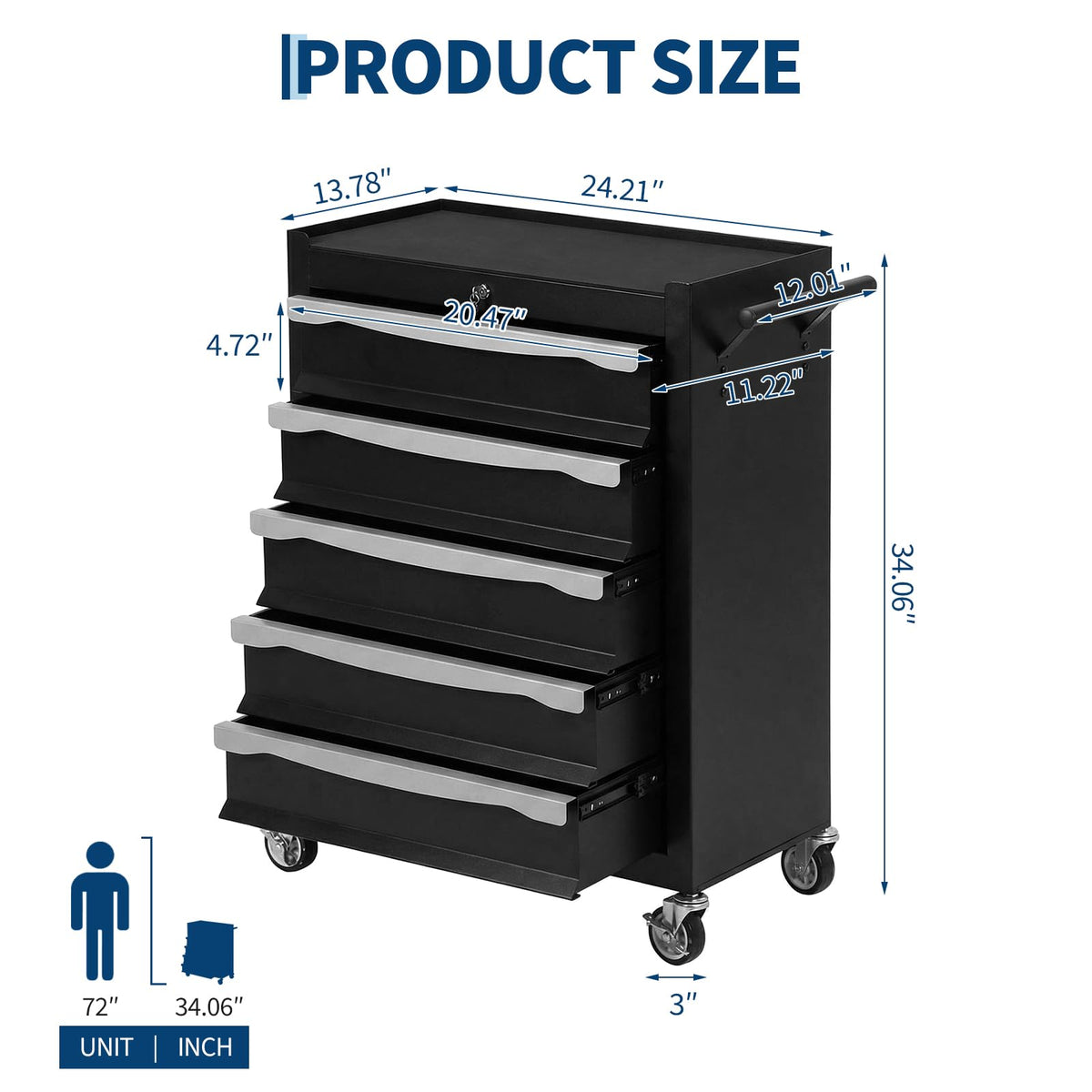 5-Drawer Tool Chest, Rolling Tool Cart, Large Capacity Tool Storage Cabinet with Keyed Locking and Drawer Liners, Link Buckle, and Can Be Combined to Large Cabinet Set, for Garage, Workshop, Warehouse