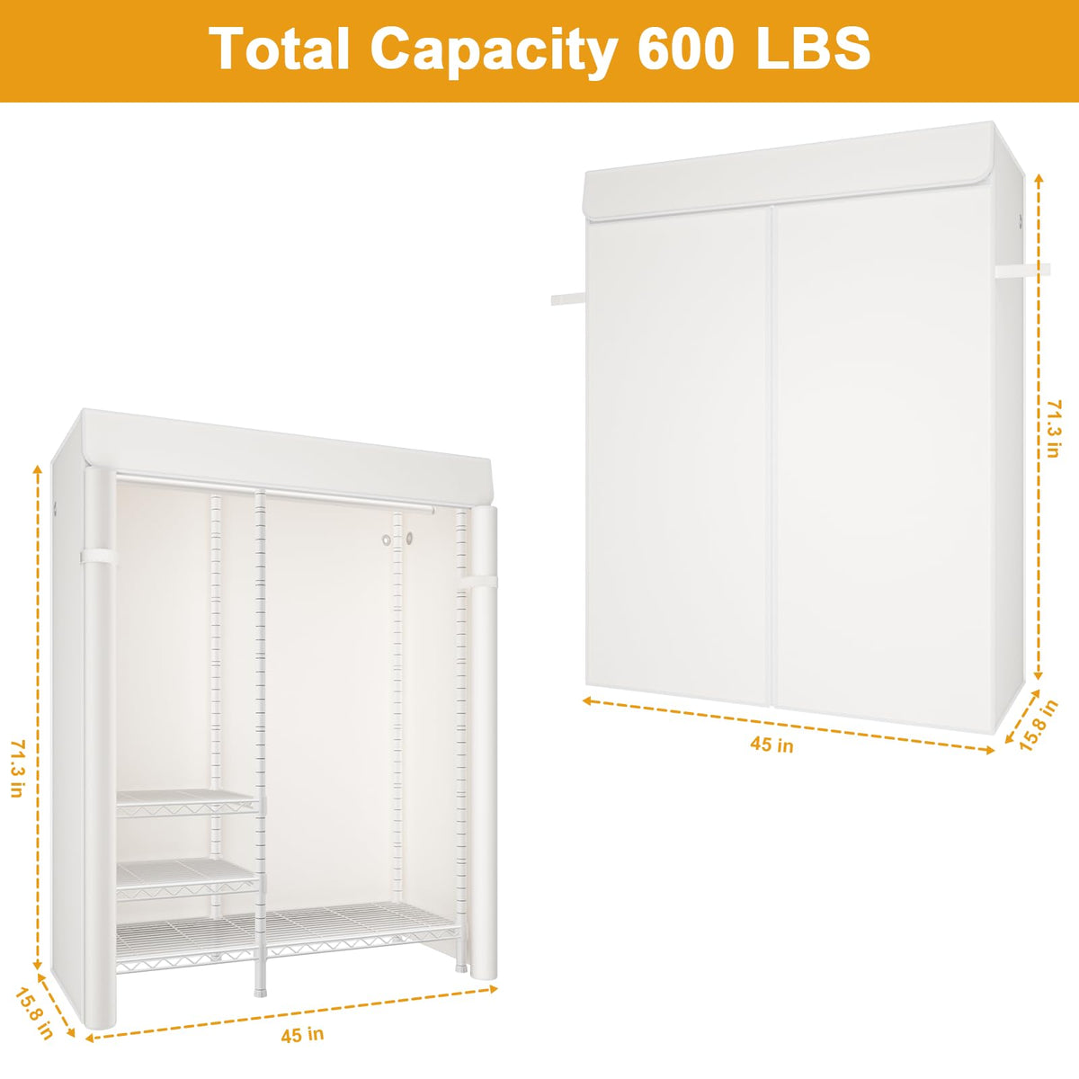 Ulif F4C Heavy Duty Clothes Rack with Dustproof Cover，Freestanding Clothing Racks for Hanging Clothes，Adjustable Closet Organizer System，Portable Garment Rack 45"W*15.8"D*71.3"H，Max Load 600LBS，White