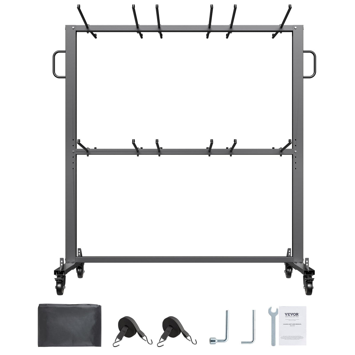 VEVOR Folding Chair Rack, 800 LBS Capacity, Heavy-Duty Chair Cart for 84 Chairs/ 12 Tables+42 Chairs, Dual-Layer Chair Storage Dolly with Rubber Wheels and Holders, Large Chair Holder, Matte Black