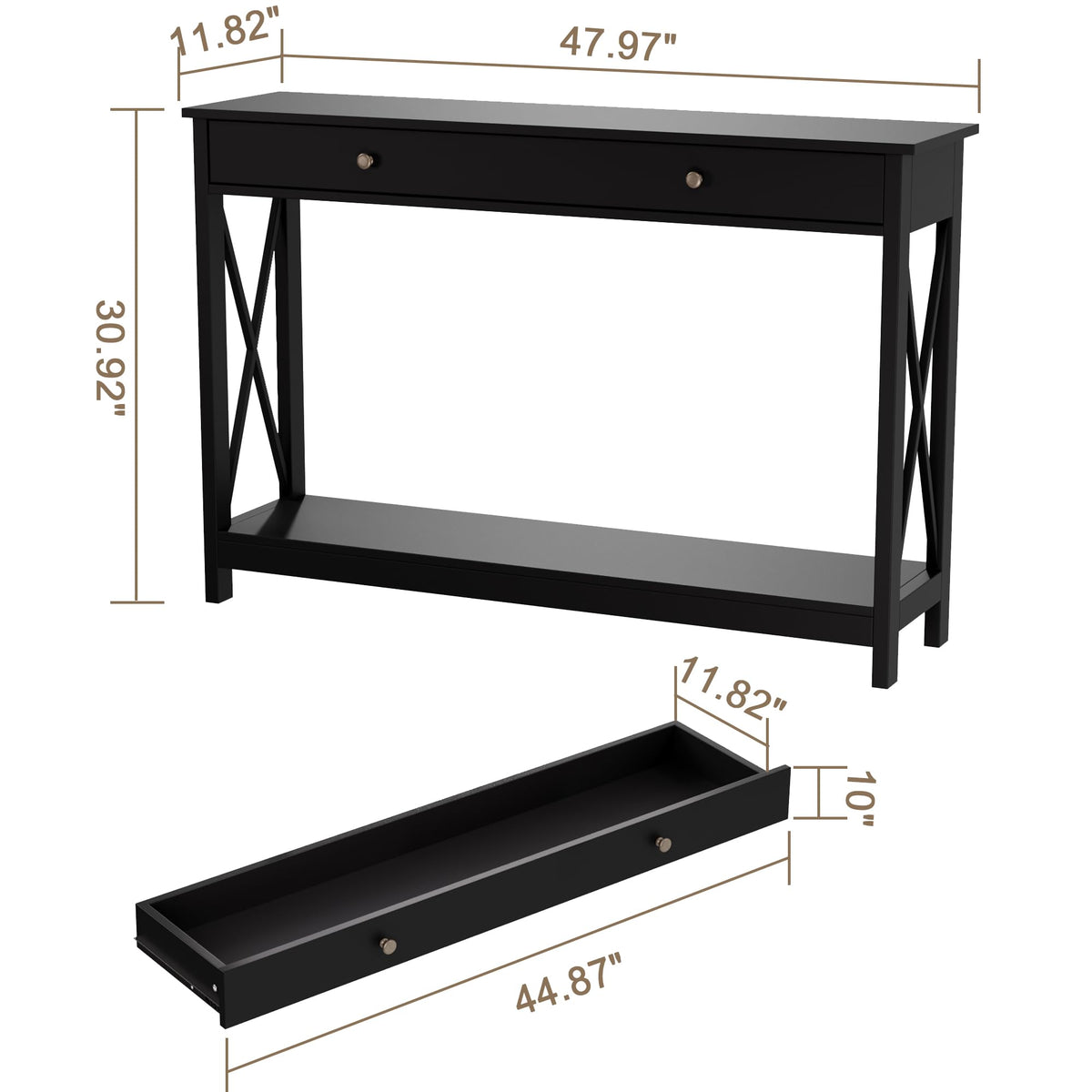 Treocho 47" Farmhouse Console Table with Drawer and Storage Shelves, Foyer Sofa Table Narrow for Entryway, Living Room, Hallway, Black