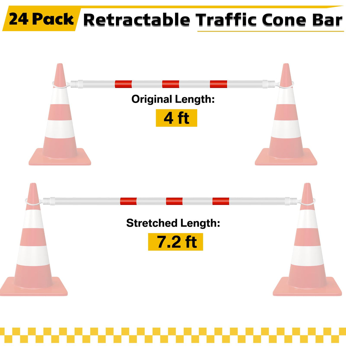 Huwena 24 Pcs 12 Pcs Retractable Traffic Cone Bar from 4ft to 7.2ft Expandable Safety Cone Bars Lightweight Traffic Barricade for Road Parking Use, Parking Lots, Road Construction