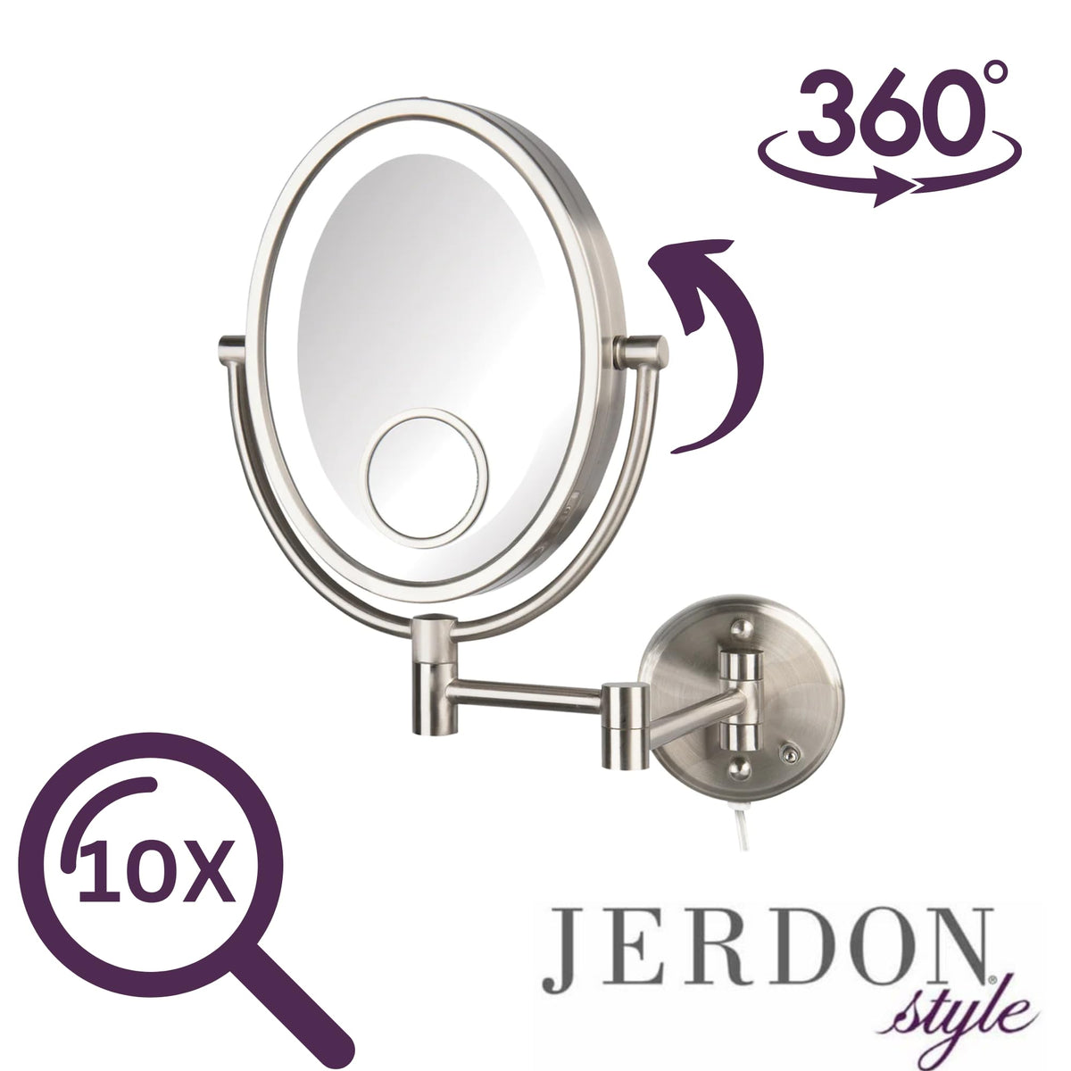 JERDON Two-Sided Wall-Mounted Makeup Mirror with Lights - Lighted Makeup Mirror with 10X Magnification & Wall-Mount Arm - Oval Mirror with Nickel Finish Wall Mount - Model HL9515NL