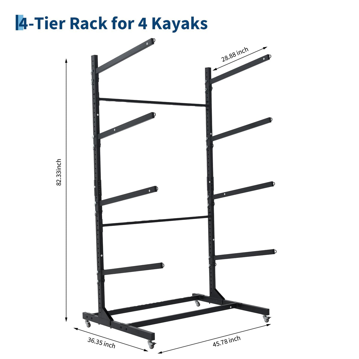 GarveeLife Heavy Duty 4-Tier Freestanding Kayak Storage Rack with Adjustable Detachable Wheels – Stand for Kayaks, Canoes, SUPs, Surfboards – Indoor or Outdoor, Garage Paddleboard Organizer,